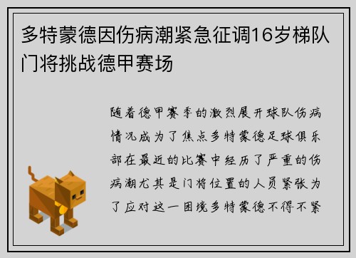 多特蒙德因伤病潮紧急征调16岁梯队门将挑战德甲赛场
